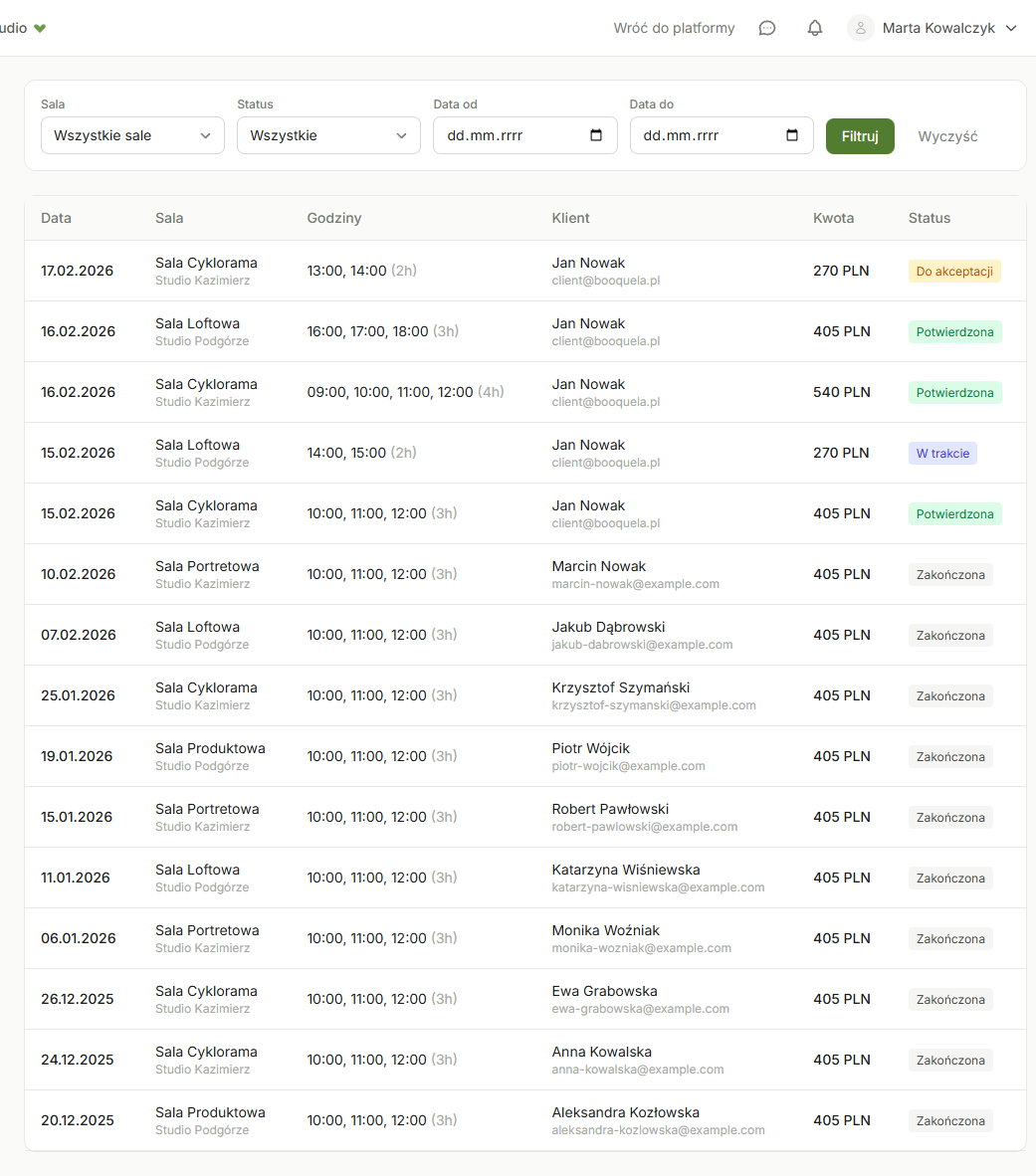 Lista rezerwacji w panelu właściciela