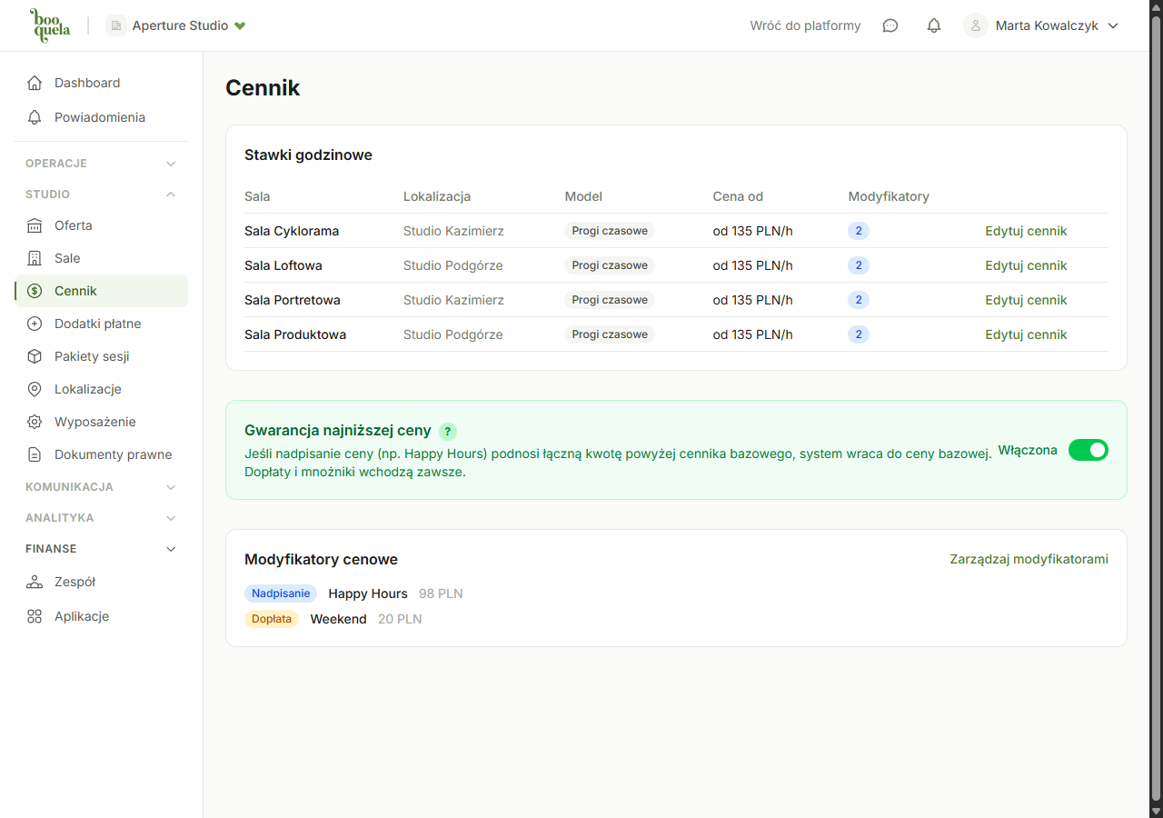 Konfiguracja cennika w panelu właściciela