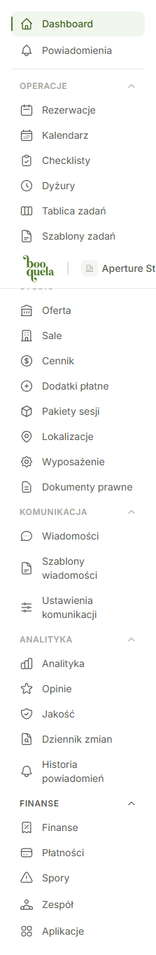 Menu boczne panelu właściciela